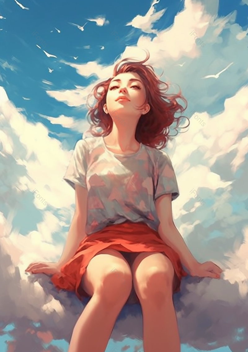 坐在云上的姑娘蓝色插画背景插画,插画/手绘图,插画/手绘图库,插画/手绘图下载,插画/手绘